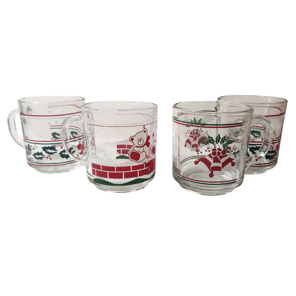 Vintage Libbey Christmas Glass Mugs Set of 4 Teddy Bear Bells Holly Holiday